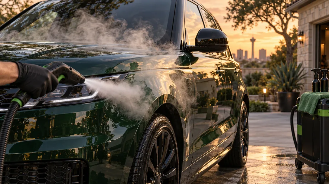 3D render of an SUV mid steam-detail with mirror-gloss paint